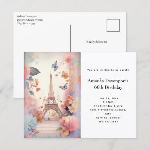 Invitation Carte Postale Butterflies et fleurs de la Tour Eiffel Anniversai