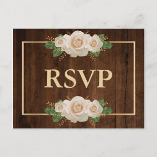Invitation Carte Postale Cadre en bois rustique Rose blanche Or   RSVP Repa
