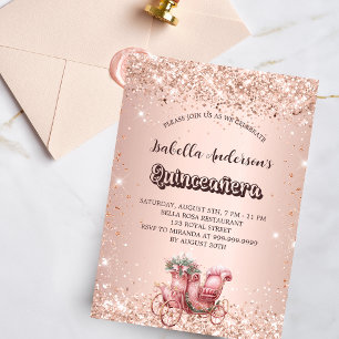 Invitation Carte Postale Calèche rose en or Quinceanera