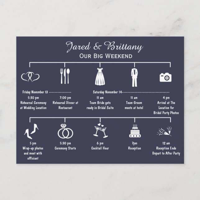 Invitation Carte Postale Calendrier du week-end de mariage (Devant)