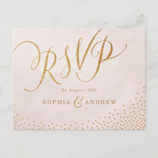 Invitation Carte Postale Calligraphie or rose moderne de glam blush (Devant)