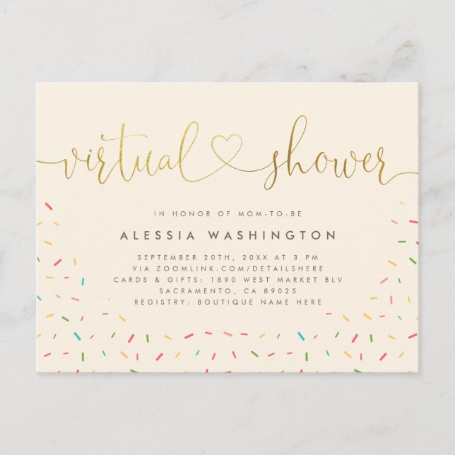 Invitation Carte Postale Calligraphie simple Beige & Or Douche virtuelle (Devant)