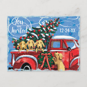 Invitation Carte Postale Camion rouge vintage avec Chiens Fête de Noël