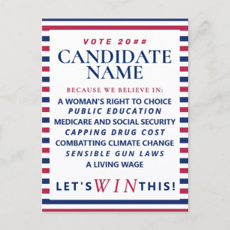 Invitation Carte Postale Campagne Démocrate Bleue de Vote Politique Patriot