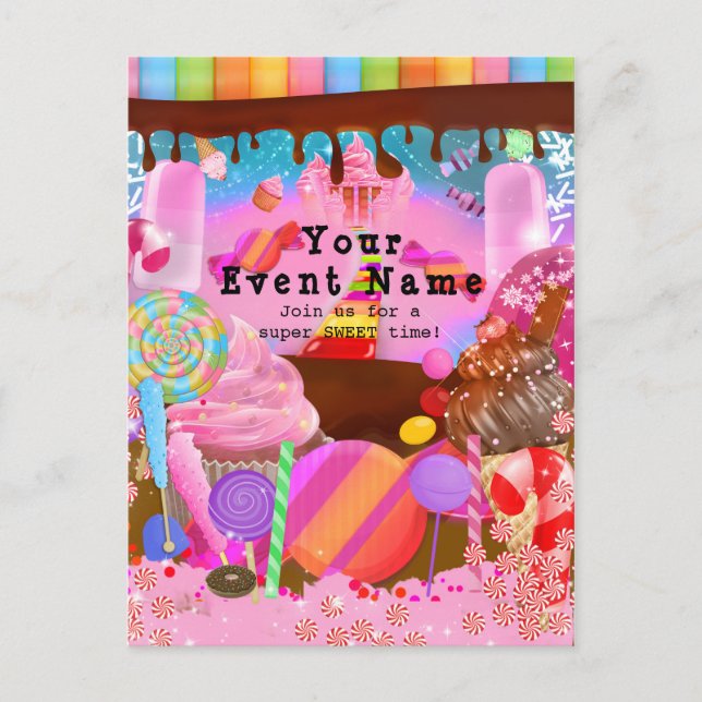 Invitation Carte Postale Candy Land Imaginaire fête Anniversaire Circulaire (Devant)