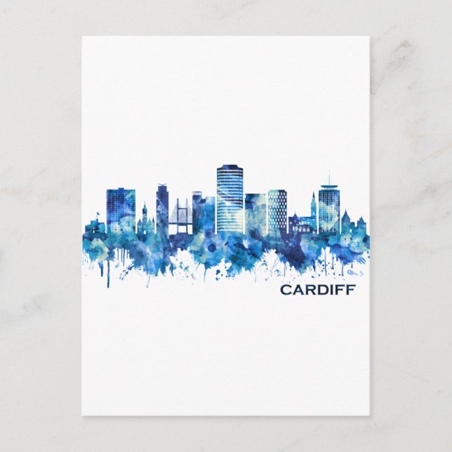 Invitation Carte Postale Cardiff Wales Skyline Blue (Devant)