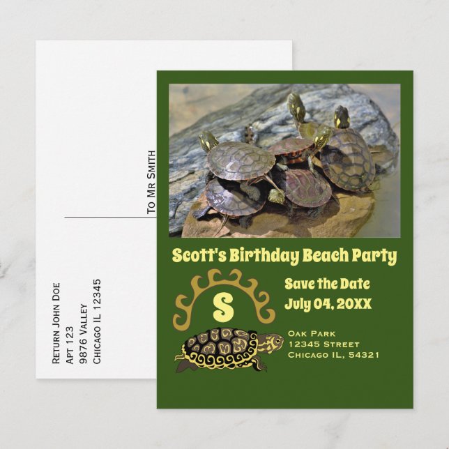 Invitation Carte Postale Caricature de tortue Anniversaire de plage Photo (Devant / Derrière)