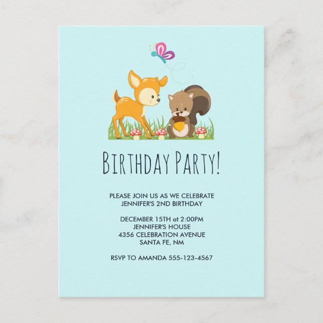 Invitation Carte Postale Caricature Woodland Créations fête d'anniversaire (Devant)