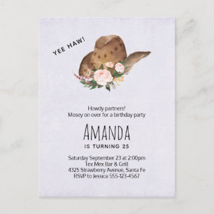 Invitation Carte Postale Casquette Brown Cowgirl aux fleurs roses Anniversa
