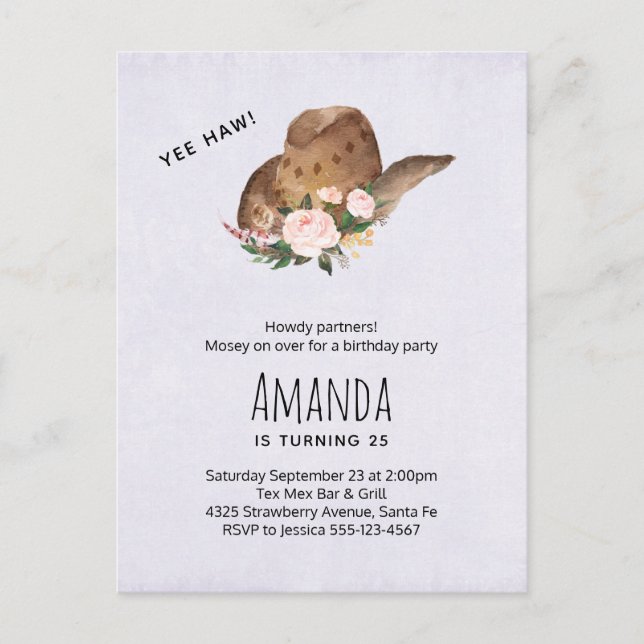 Invitation Carte Postale Casquette Brown Cowgirl aux fleurs roses Anniversa (Devant)