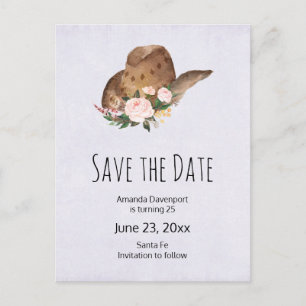 Invitation Carte Postale Casquette Brown Cowgirl avec fleurs roses Enregist