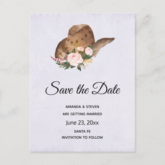 Invitation Carte Postale Casquette Brown Cowgirl avec fleurs roses Enregist (Devant)