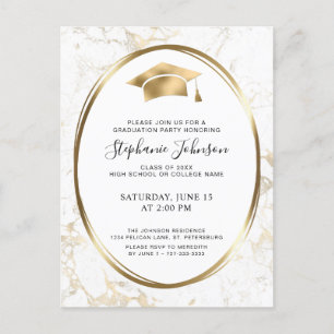 Invitation Carte Postale Casquette et Tassel Gold Marble Party