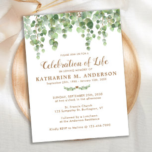Invitation Carte Postale Célébration De La Vie Eucalyptus Verdure Funéraill