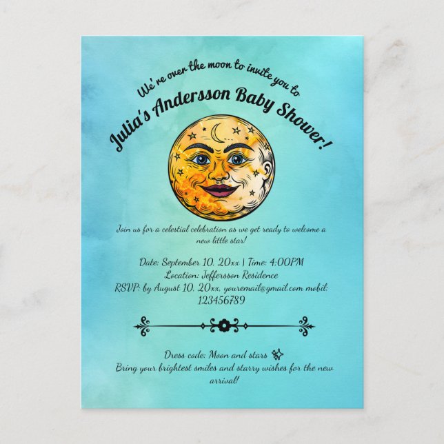 Invitation Carte Postale Célébration du Baby shower de la Lune (Devant)