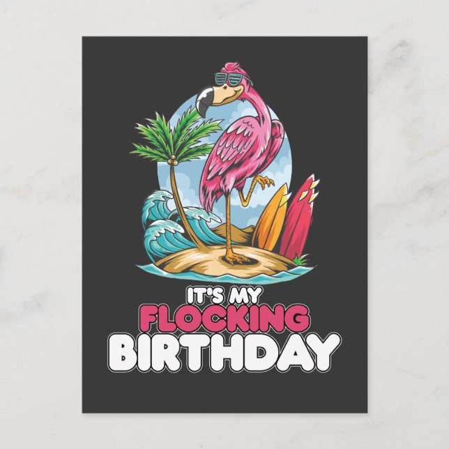 Invitation Carte Postale C'est mon anniversaire de troupe flamant rose (Devant)