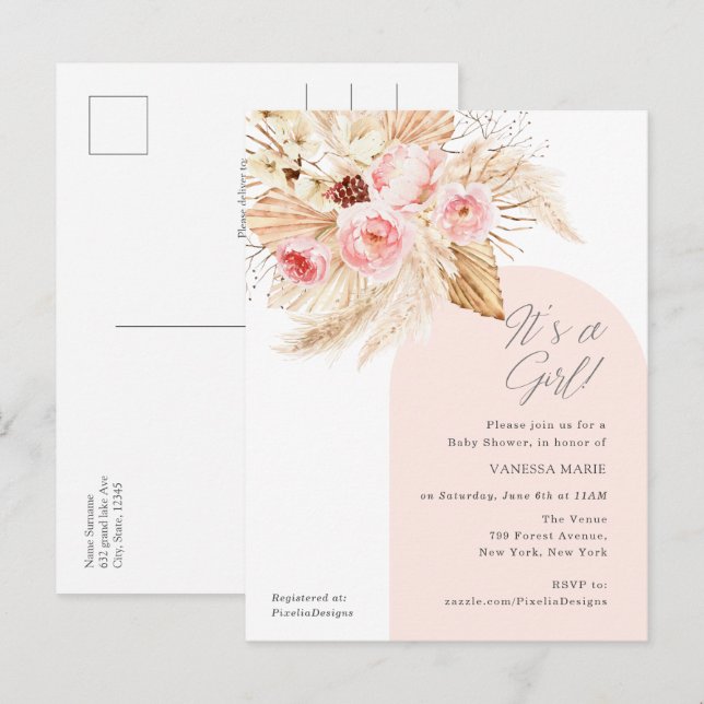 Invitation Carte Postale C'est une fille boho pampas moderne arche douche f (Devant / Derrière)