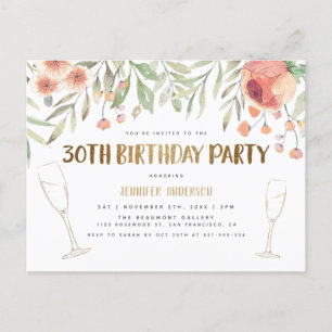 Invitation Carte Postale Champagne Blush & Gold Parties scintillant 30e ann