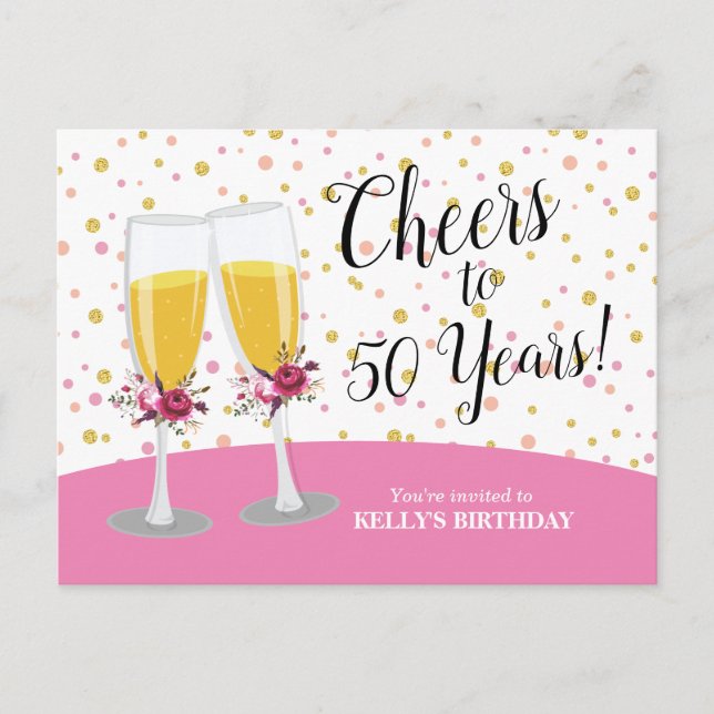 Invitation Carte Postale Champagne Brunch et Bubbly applaudissent l'anniver (Devant)