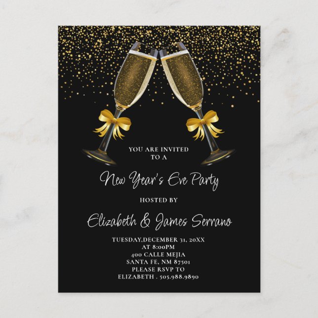 Invitation Carte Postale Champagne de la fête de la Saint-Sylvestre Verres  (Devant)