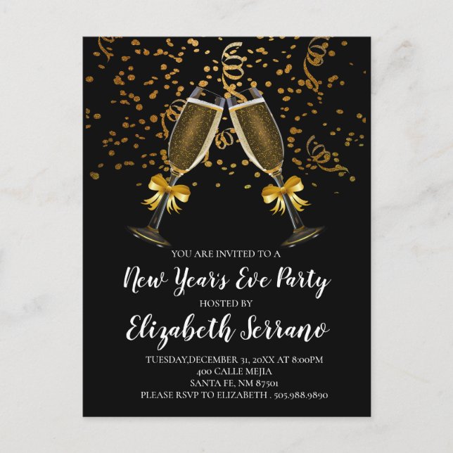 Invitation Carte Postale Champagne de la fête de la Saint-Sylvestre Verres  (Devant)