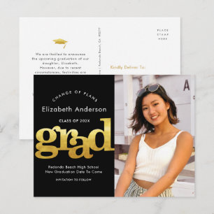 Invitation Carte Postale Changement de plans graduation or noir typographie