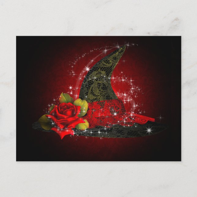 Invitation Carte Postale Chapeau de sorcière Glam Lacy noir et rouge paille (Devant)
