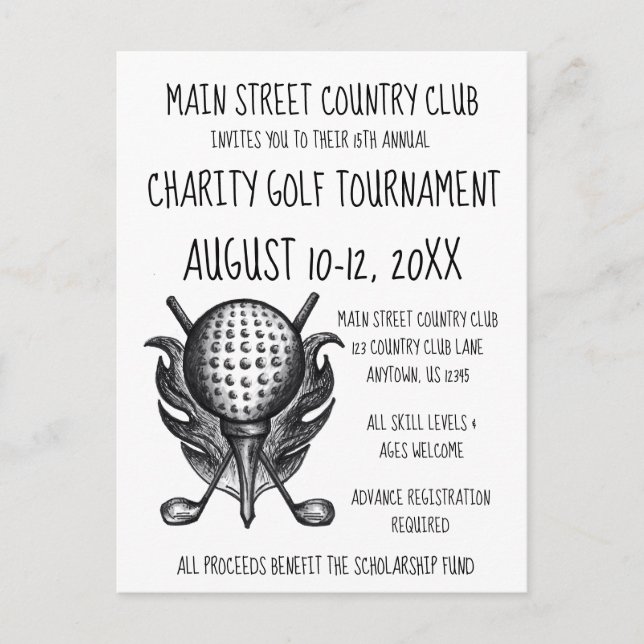 Invitation Carte Postale Charity Golf Tournoi Sporting Event Ball Clubs (Devant)