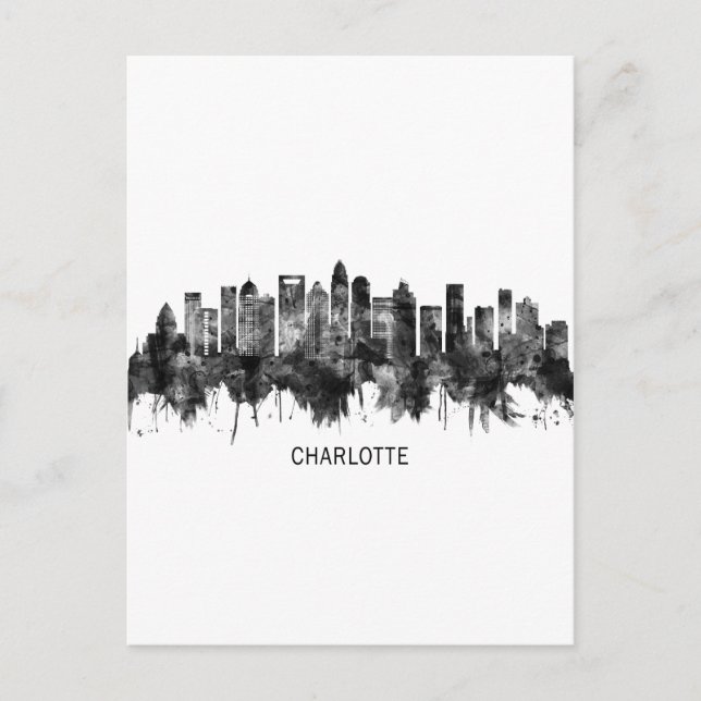 Invitation Carte Postale Charlotte North Carolina Skyline BW (Devant)