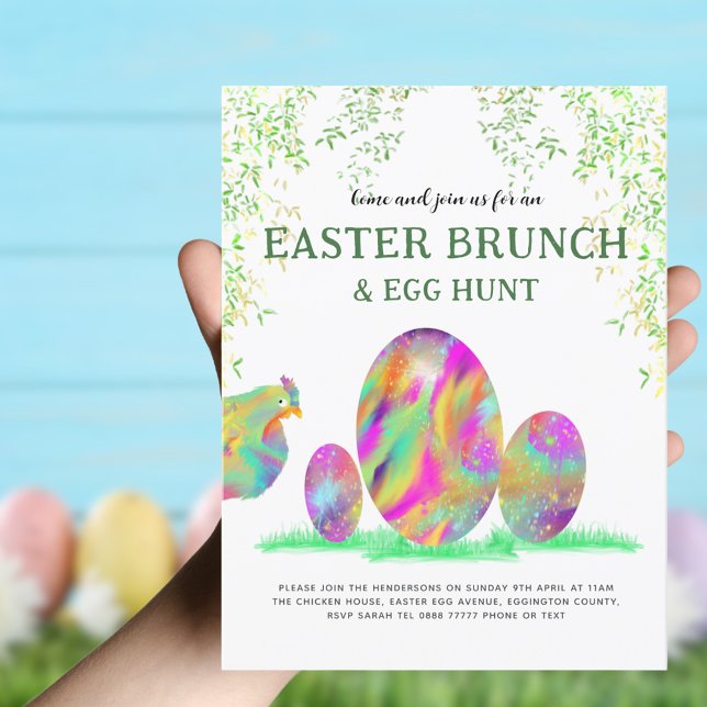 Invitation Carte Postale Chasse aux oeufs de Pâques Brunch Aquarelle Maigre (Funny Hen Easter egg hunt and brunch custom spring holiday garden party invitation )