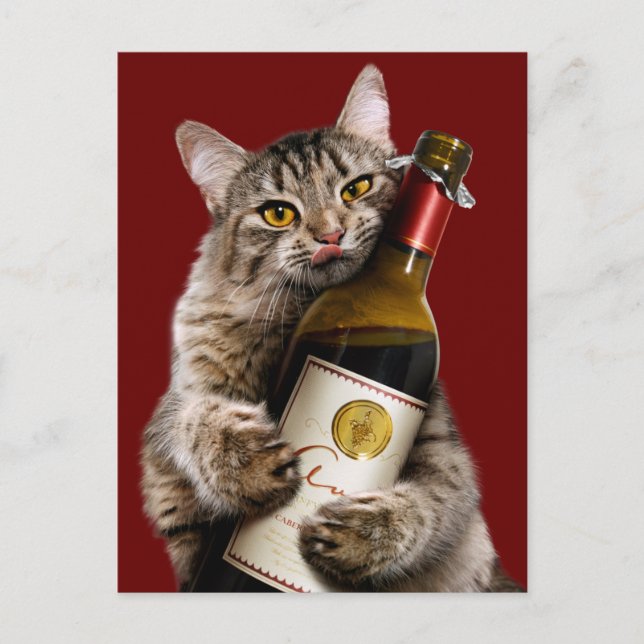 Invitation Carte Postale Chat Avec Bouteille De Vin (Devant)