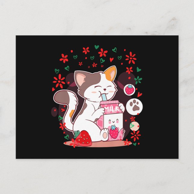 Invitation Carte Postale Chat Boba Shake Lait Fraise (Devant)