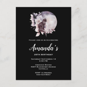 Invitation Carte Postale Chat noir devant une fête d'anniversaire de pleine