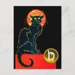 INVITATION CARTE POSTALE CHAT NOIR HALLOWEEN PARTY MONOGRAM