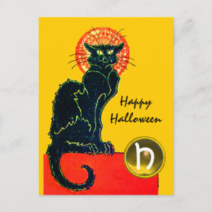 INVITATION CARTE POSTALE CHAT NOIR HALLOWEEN PARTY MONOGRAM