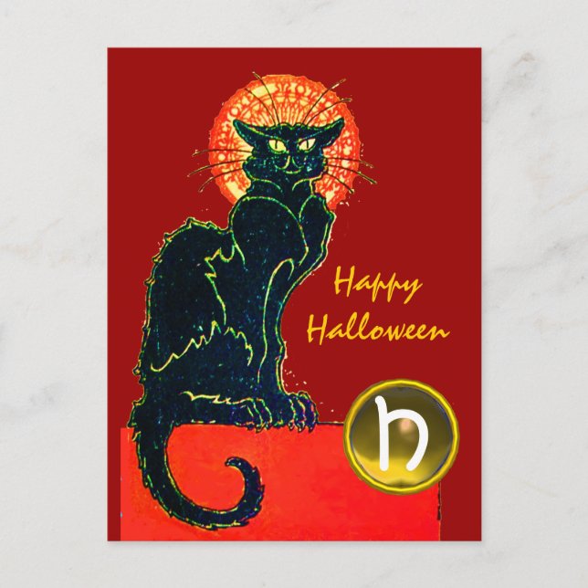INVITATION CARTE POSTALE CHAT NOIR HALLOWEEN PARTY MONOGRAM (Devant)
