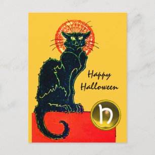 INVITATION CARTE POSTALE CHAT NOIR HALLOWEEN PARTY MONOGRAM