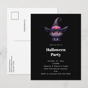Invitation Carte Postale Chat noir mignon dans une fête d'Halloween Casquet