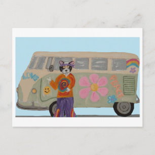 Invitation Carte Postale Chat smoking élégant Hippie avec Van Flower Child