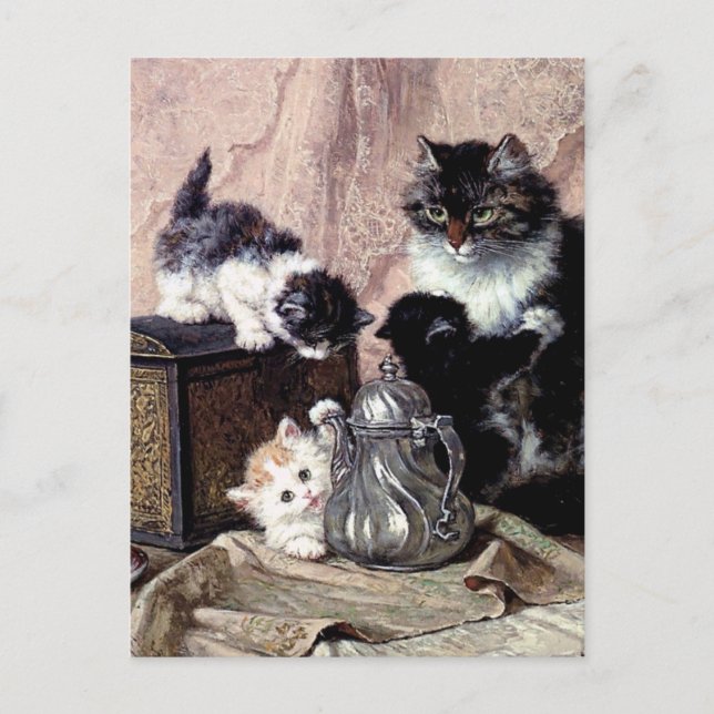 Invitation Carte Postale chats chatons jouer thé fête peinture antique (Devant)