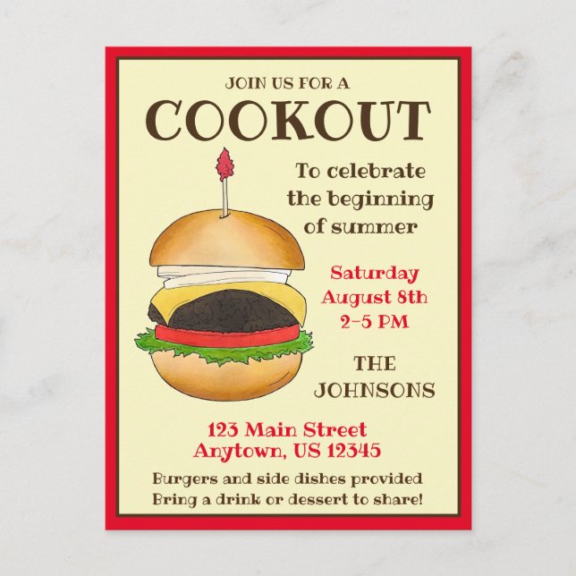 Invitation Carte Postale Cheese Burger Cheeseburger BBQ Barbecue Cuisine (Devant)