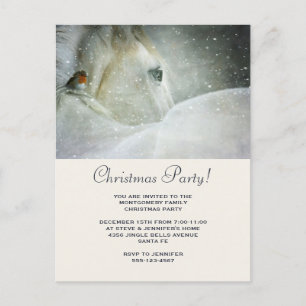 Invitation Carte Postale Cheval blanc et oiseau dans une neige hivernale No