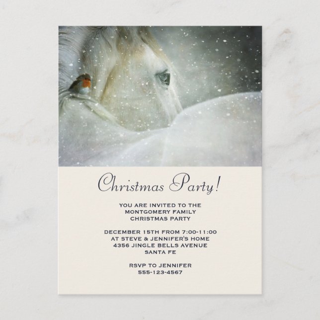 Invitation Carte Postale Cheval blanc et oiseau dans une neige hivernale No (Devant)