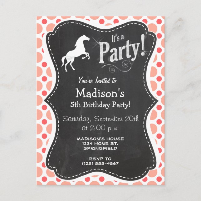 Invitation Carte Postale Cheval ; Pois roses et coraux (Devant)