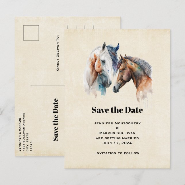 Invitation Carte Postale Chevaux élégants Mariage du Boho Occidental Enregi (Devant / Derrière)