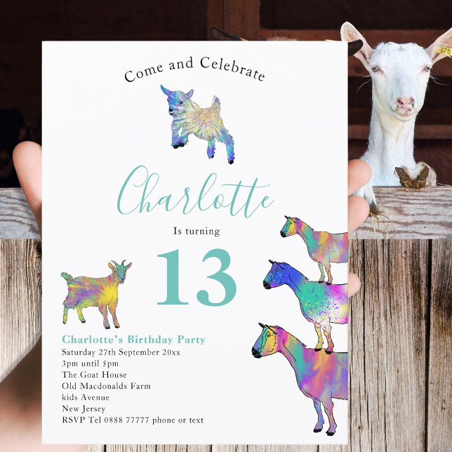 Invitation Carte Postale Chèvre Thème 13ème anniversaire (Cute farm goat themed 13th birthday party invitation with colorful watercolor animal art)