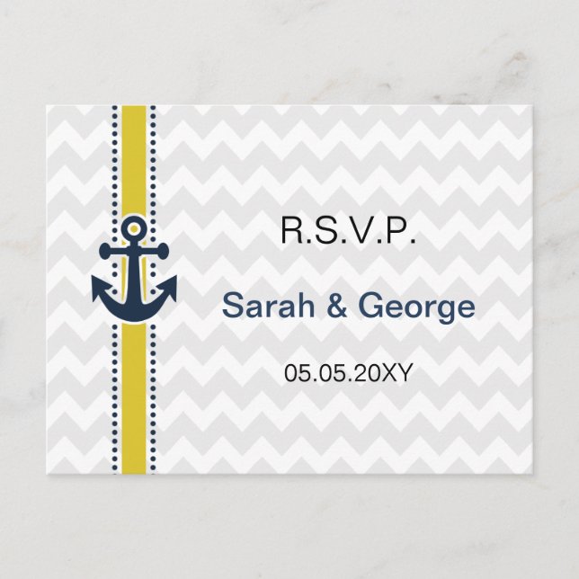 Invitation Carte Postale chevron rayures, ancre, mariage nautique rsvp (Devant)