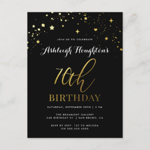 Invitation Carte Postale Chic Black & Gold Star Confetti 70e anniversaire
