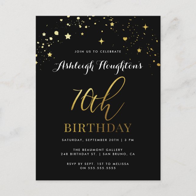 Invitation Carte Postale Chic Black & Gold Star Confetti 70e anniversaire (Devant)