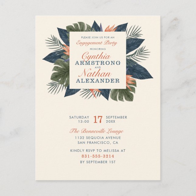 Invitation Carte Postale Chic Bleu Tropical Feuilles de l'engagement unique (Devant)